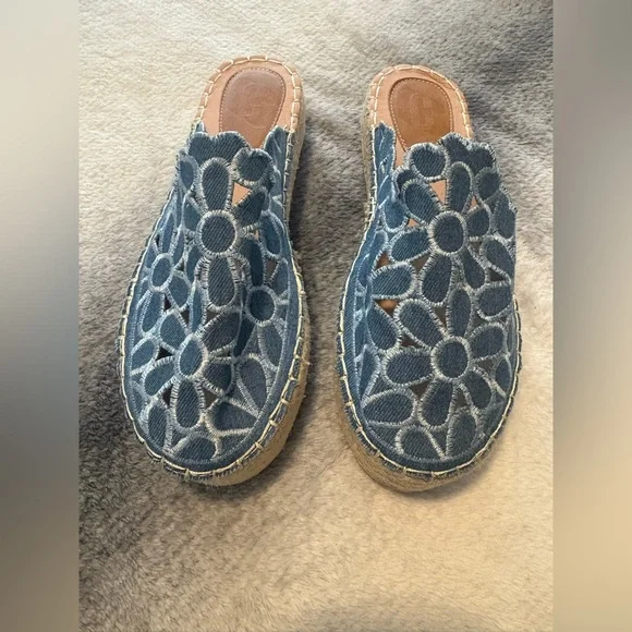 Bohemian Blue Floral Cutout Espadrille Mules – Denim Lace Platform Slides 37 7 - Picture 5 of 10